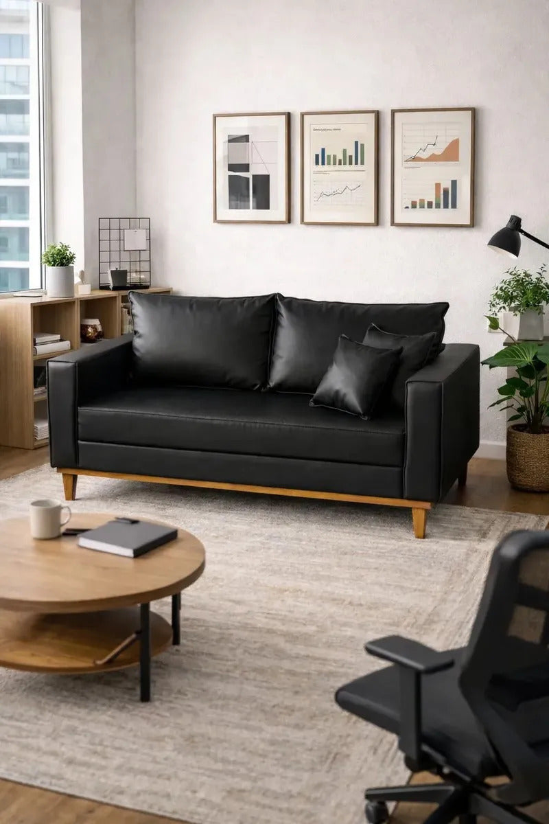 Sofá 3 Lugares 180cm Corino Preto Premium Base Madeira Estofado Moderno Conforto Sala Casa Megalarstore