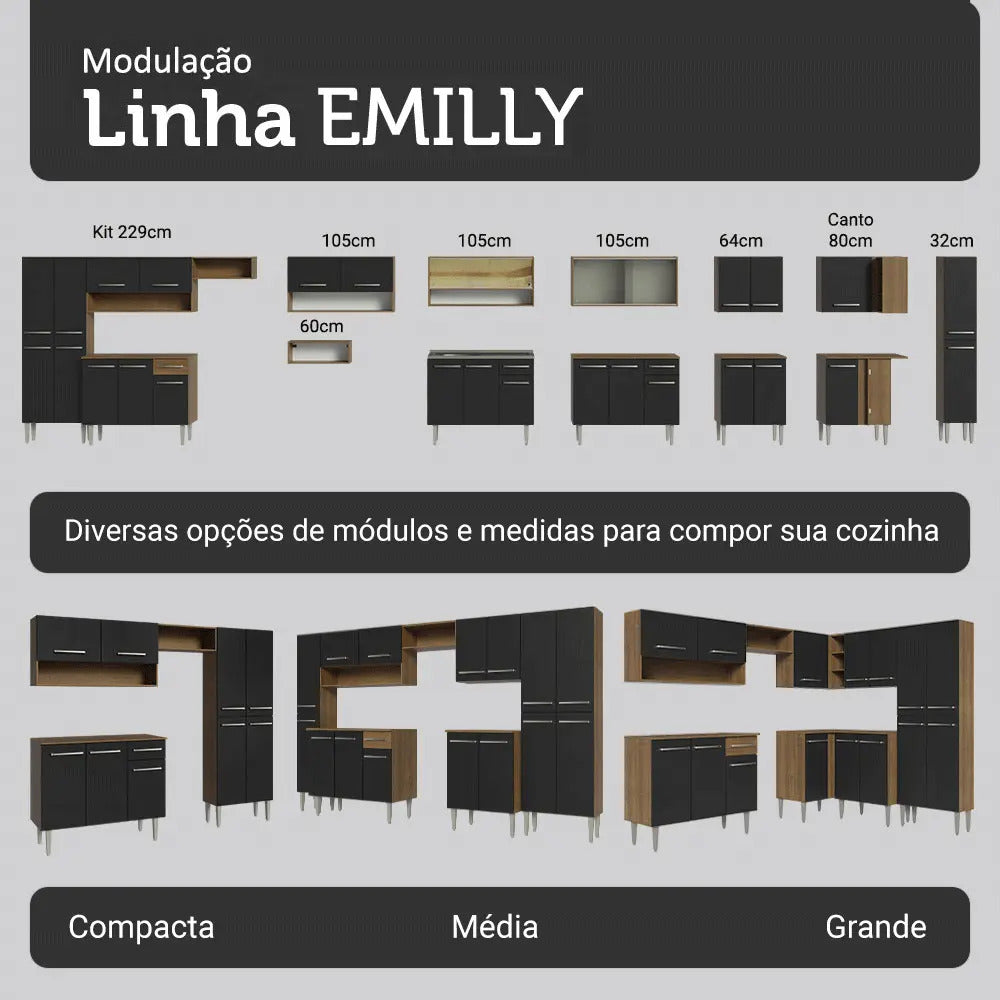 Armário De Cozinha Compacta 156 Cm Rustic/preto Emilly Madesa 03