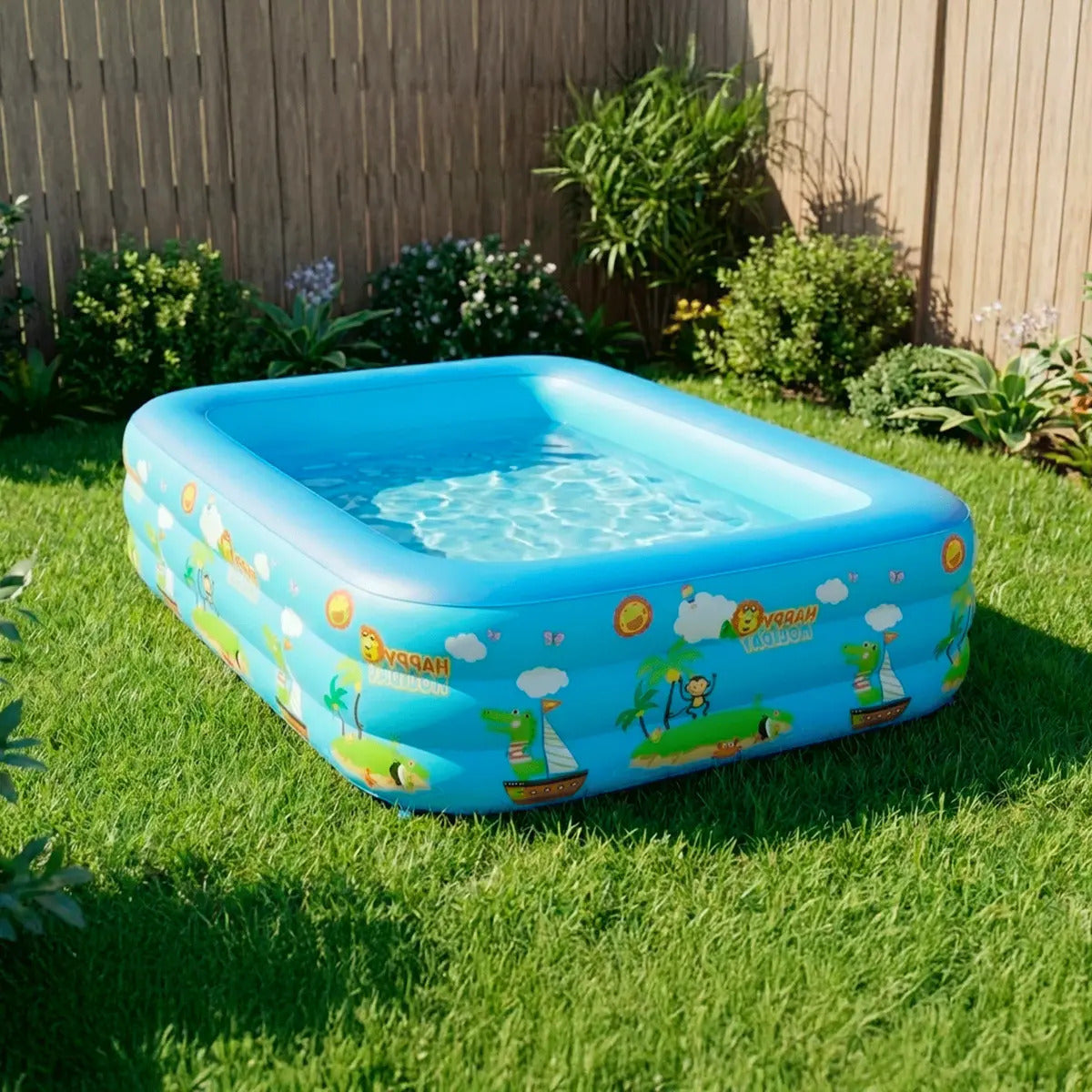 Piscina Infantil Inflável 460l Grande Retangular Pvc Reforçada 3 Anéis Criança Diversão No Verão Azul