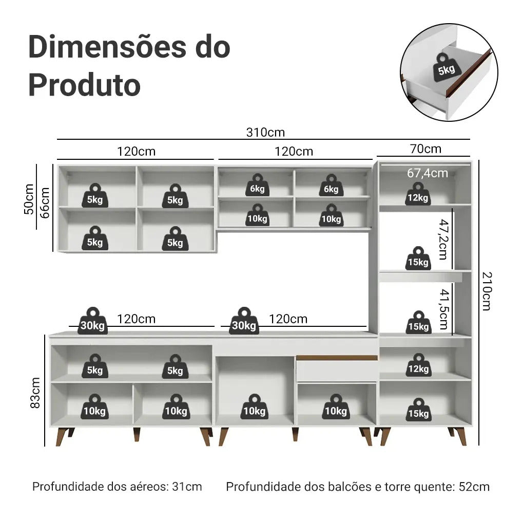 Armário De Cozinha Completa Modulada com Balcão para Cooktop Madesa Reims GRRM31000109 Com Armário Branco
