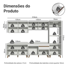 Armário De Cozinha Completa Modulada com Balcão para Cooktop Madesa Reims GRRM31000109 Com Armário Branco