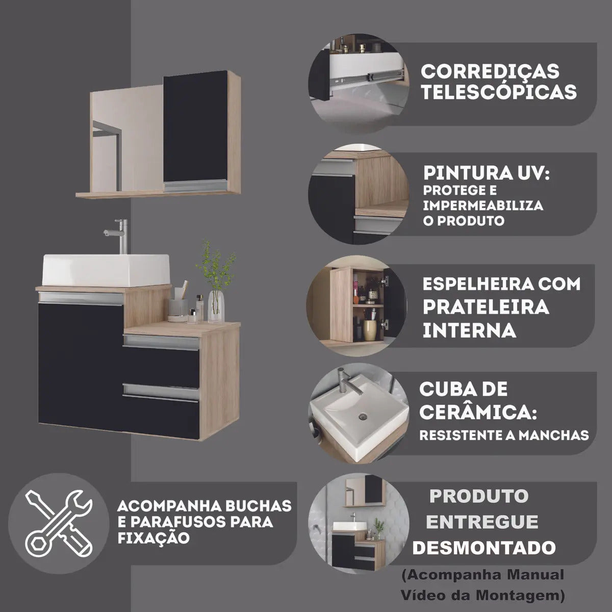Conjunto Gabinete Banheiro Cross 60cm Na Cor: Madeirado / Preto