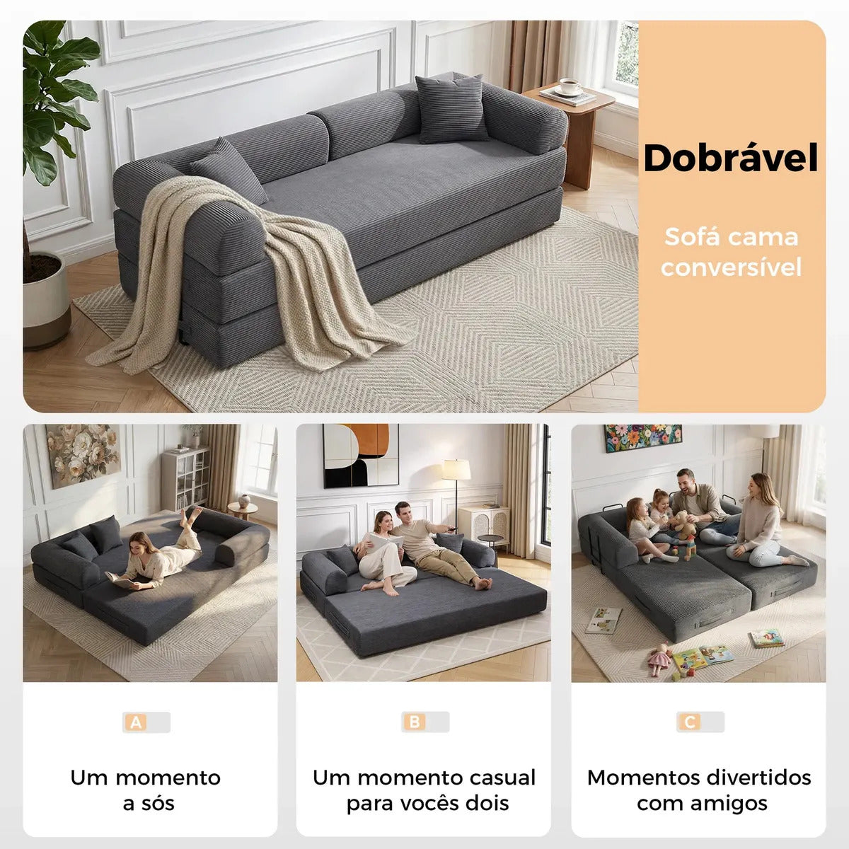 Sofá Cama Modular de Veludo Cotelê Cinza p/ 3 Pessoas, Com Espuma de Alta Densidade e Capa Removível