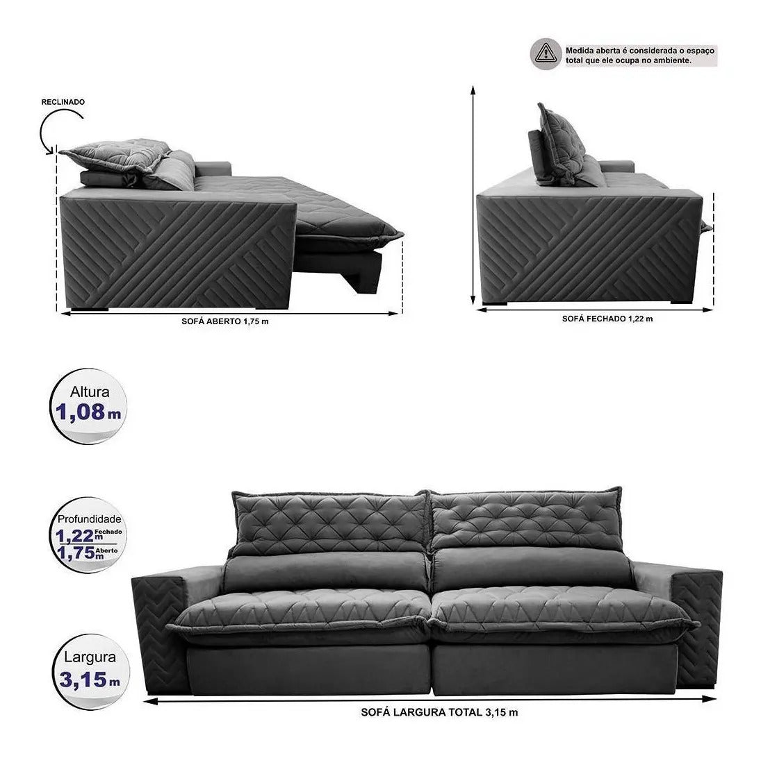 Sofá Retrátil e Reclinável 3,15m Molas Ensacadas Cama inBox Spazus com Bordado 3D Velusoft Cinza
