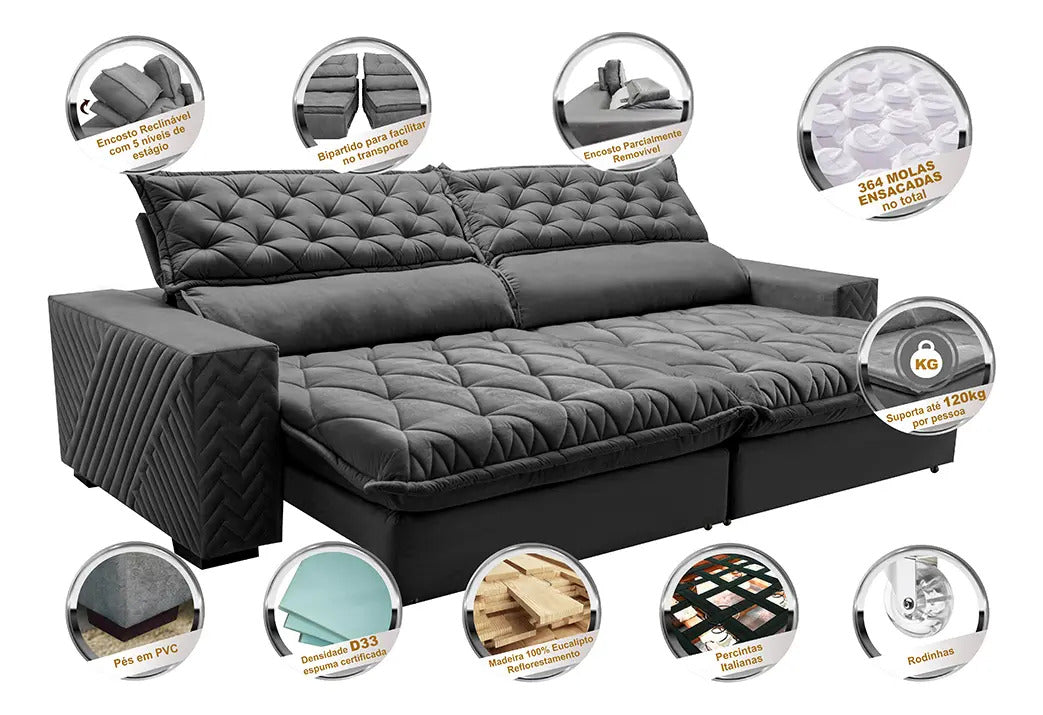 Sofá Retrátil e Reclinável 3,15m Molas Ensacadas Cama inBox Spazus com Bordado 3D Velusoft Cinza