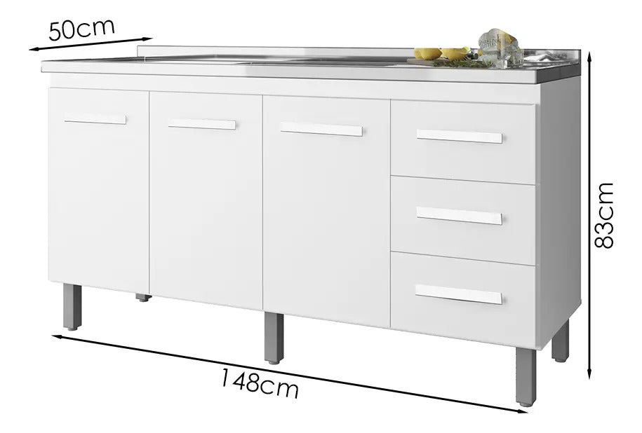 Balcão Cozinha Branco Sem Tampo 150 3 Portas 3 Gavetas