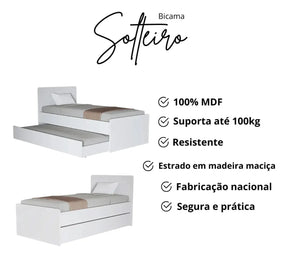 Cama Bicama Jm Barreto Solteiro Cor Branco Fabricado Em Mdf