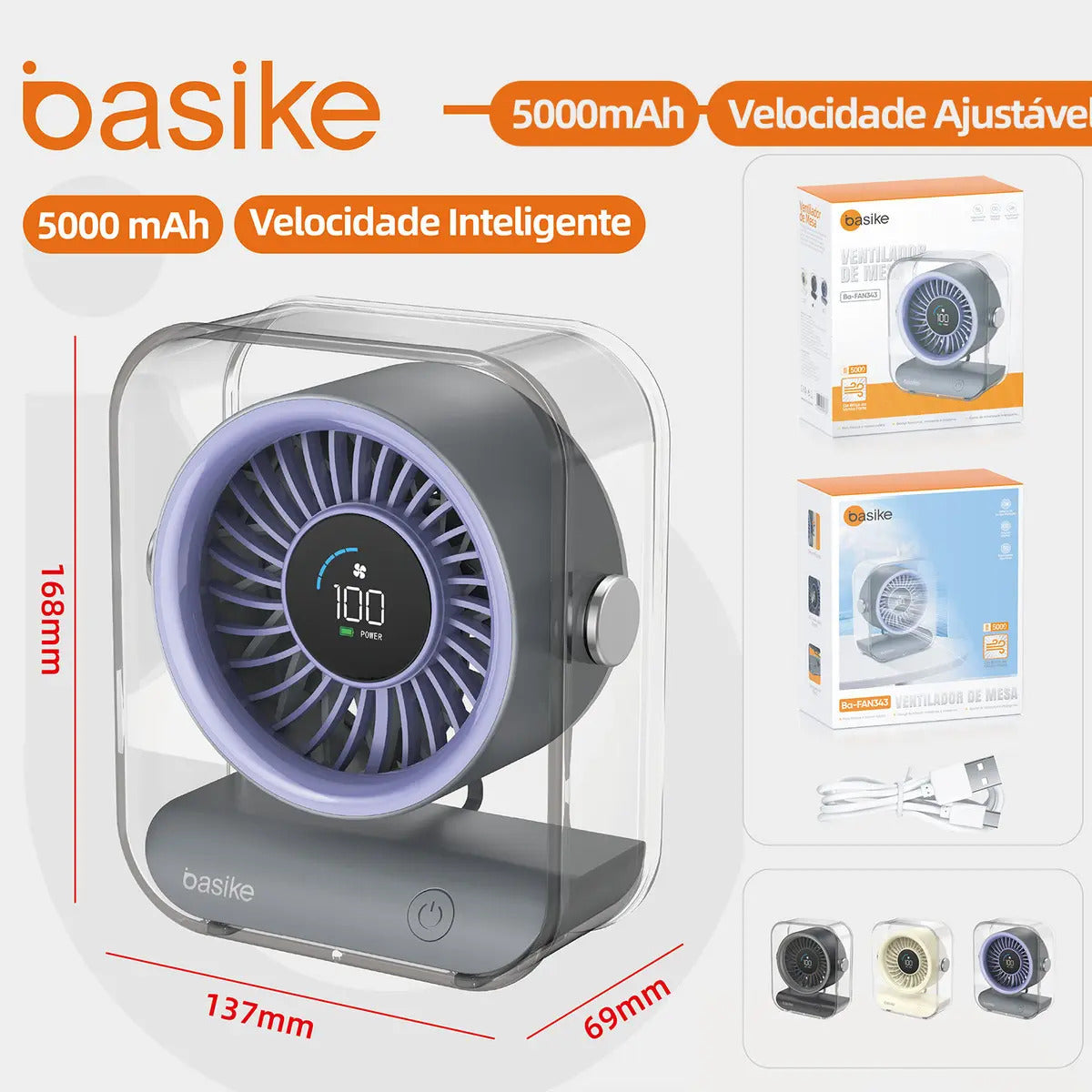 Mini Ventilador Portátil Basike de Mesa Recarregável Com Base e LED, Preto