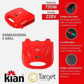 Sanduicheira E Grill 2 Em 1 Cor Vermelho Kian
