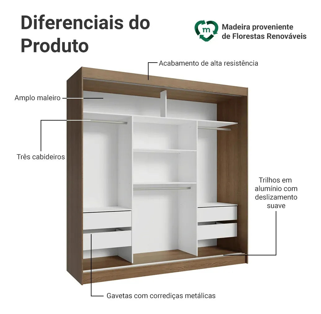 Guarda-roupa Casal Madesa Reno 3 Portas Correr Com Espelho Cor Rustic/Branco 10956E1E