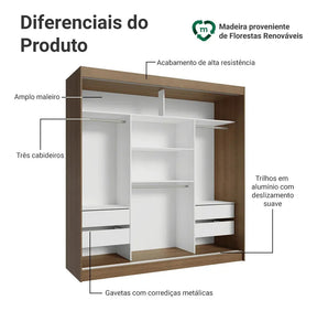 Guarda-roupa Casal Madesa Reno 3 Portas Correr Com Espelho Cor Rustic/Branco 10956E1E