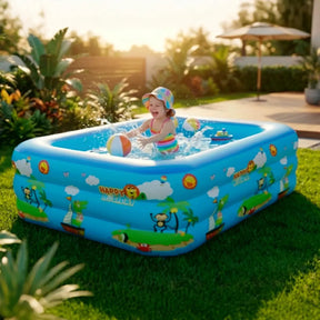Piscina Infantil Inflável 460l Grande Retangular Pvc Reforçada 3 Anéis Criança Diversão No Verão Azul