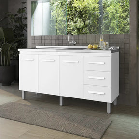 Balcão Cozinha Branco Sem Tampo 150 3 Portas 3 Gavetas
