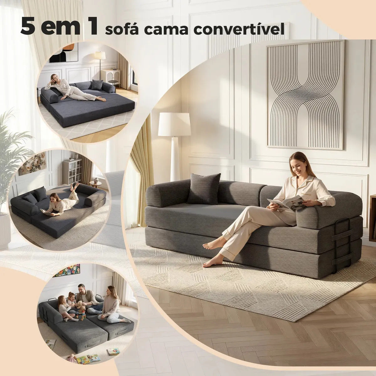 Sofá Cama Modular de Veludo Cotelê Cinza p/ 3 Pessoas, Com Espuma de Alta Densidade e Capa Removível