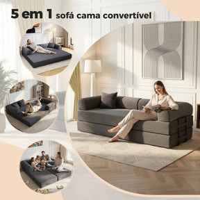 Sofá Cama Modular de Veludo Cotelê Cinza p/ 3 Pessoas, Com Espuma de Alta Densidade e Capa Removível
