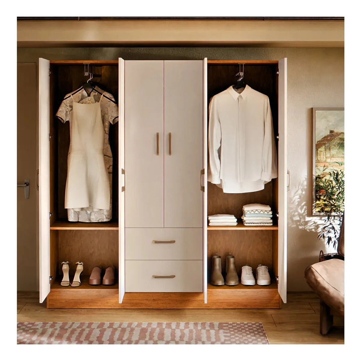 Cômoda Jamaica Para Quarto Grande Guarda Roupas Casal 6 Portas E 2 Gavetas Cor Cinamomo Off