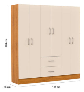 Cômoda Jamaica Para Quarto Grande Guarda Roupas Casal 6 Portas E 2 Gavetas Cor Cinamomo Off