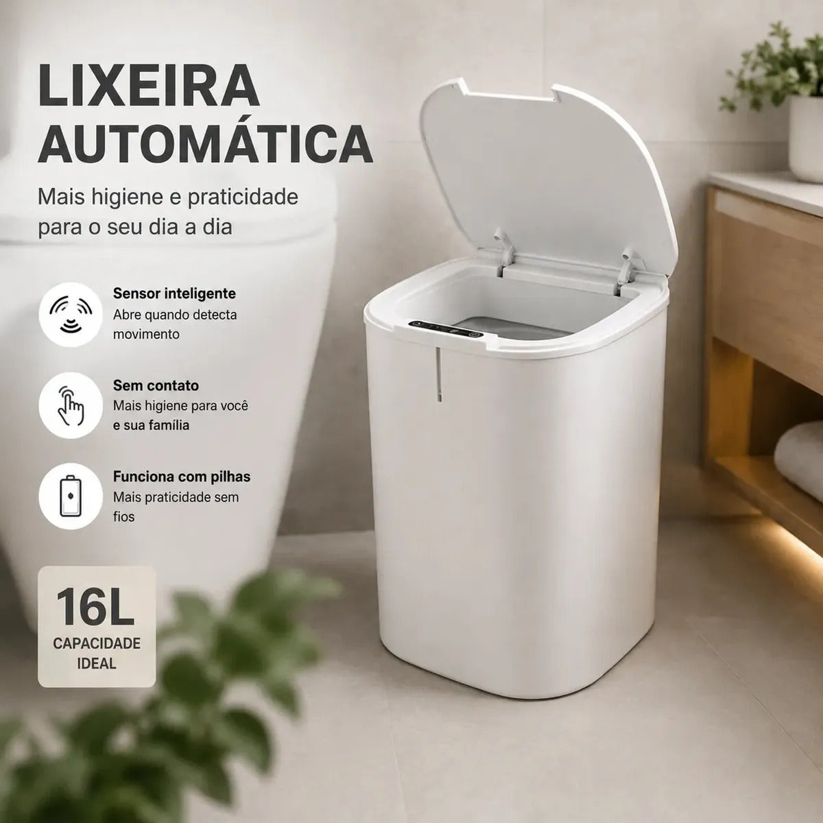 Lixeira Inteligente 16l Com Sensor Automático E Tampa Touch Branco