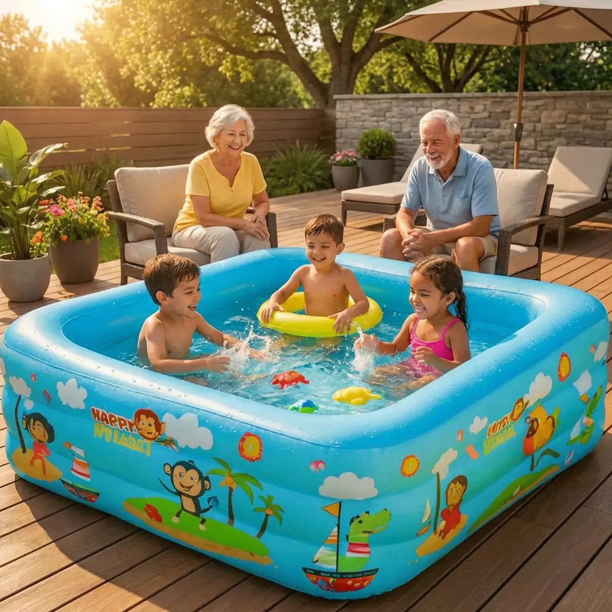 Piscina Infantil Inflável 460l Grande Retangular Pvc Reforçada 3 Anéis Criança Diversão No Verão Azul