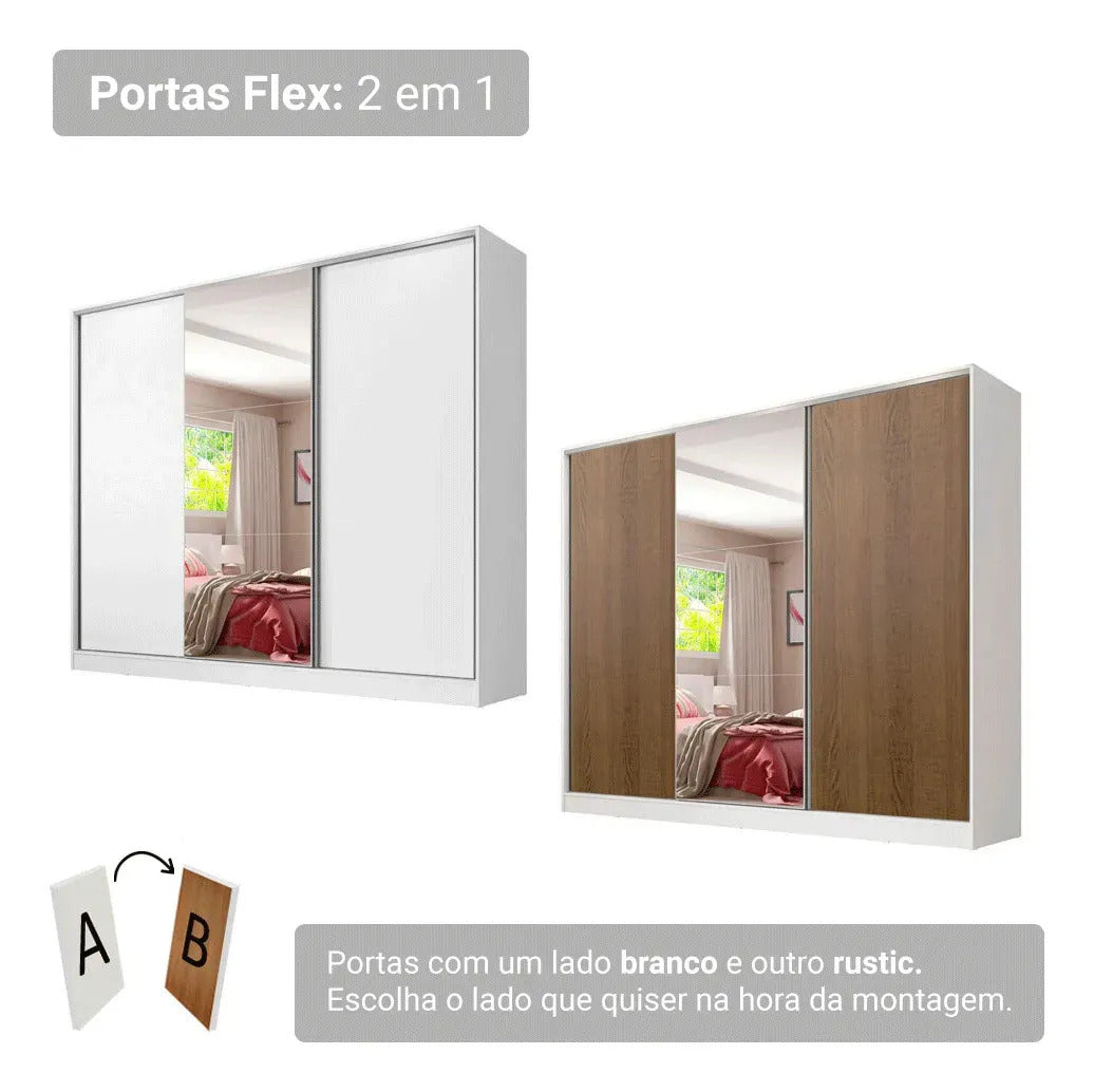 Guarda Roupa Casal Armário Quarto 100% Mdf C Espelho Madesa Royale 3 Portas Cor Branco 106209