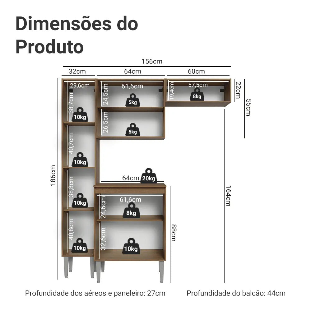 Armário De Cozinha Compacta 156 Cm Rustic/preto Emilly Madesa 03