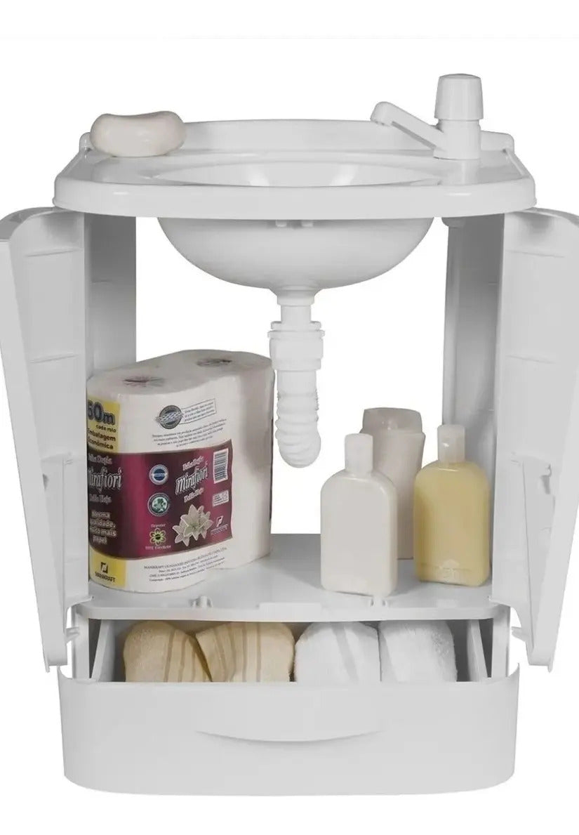 Gabinete de Banheiro Astra em Plástico PVC Branco com Cuba – Armário Compacto e Resistente