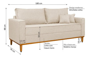 Sofá Beny 3 Lugares 1,80 Cru Moderno Confortável Design Clean Com