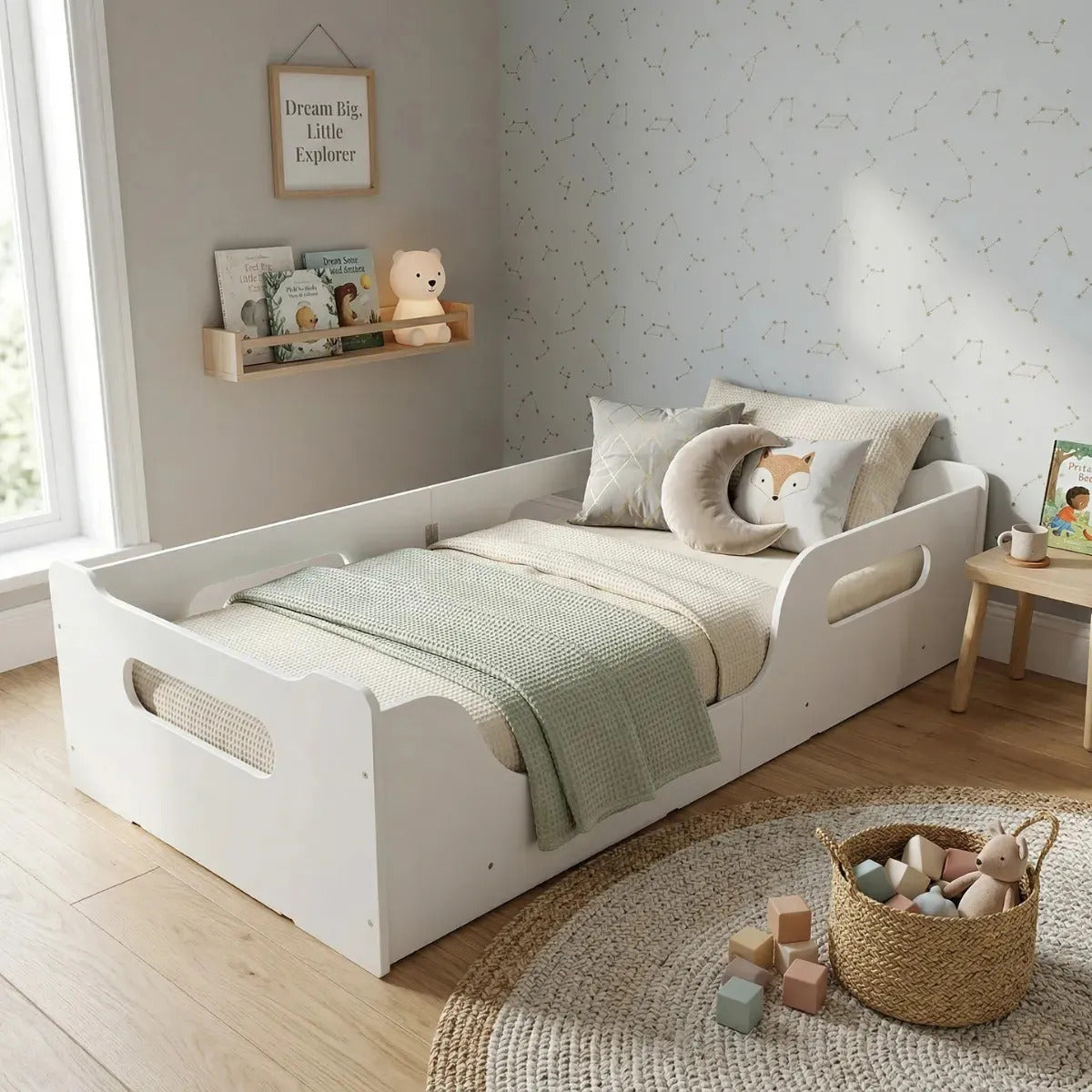 Cama Montessoriana Infantil 100% Mdf Com Grade De Proteção Branco