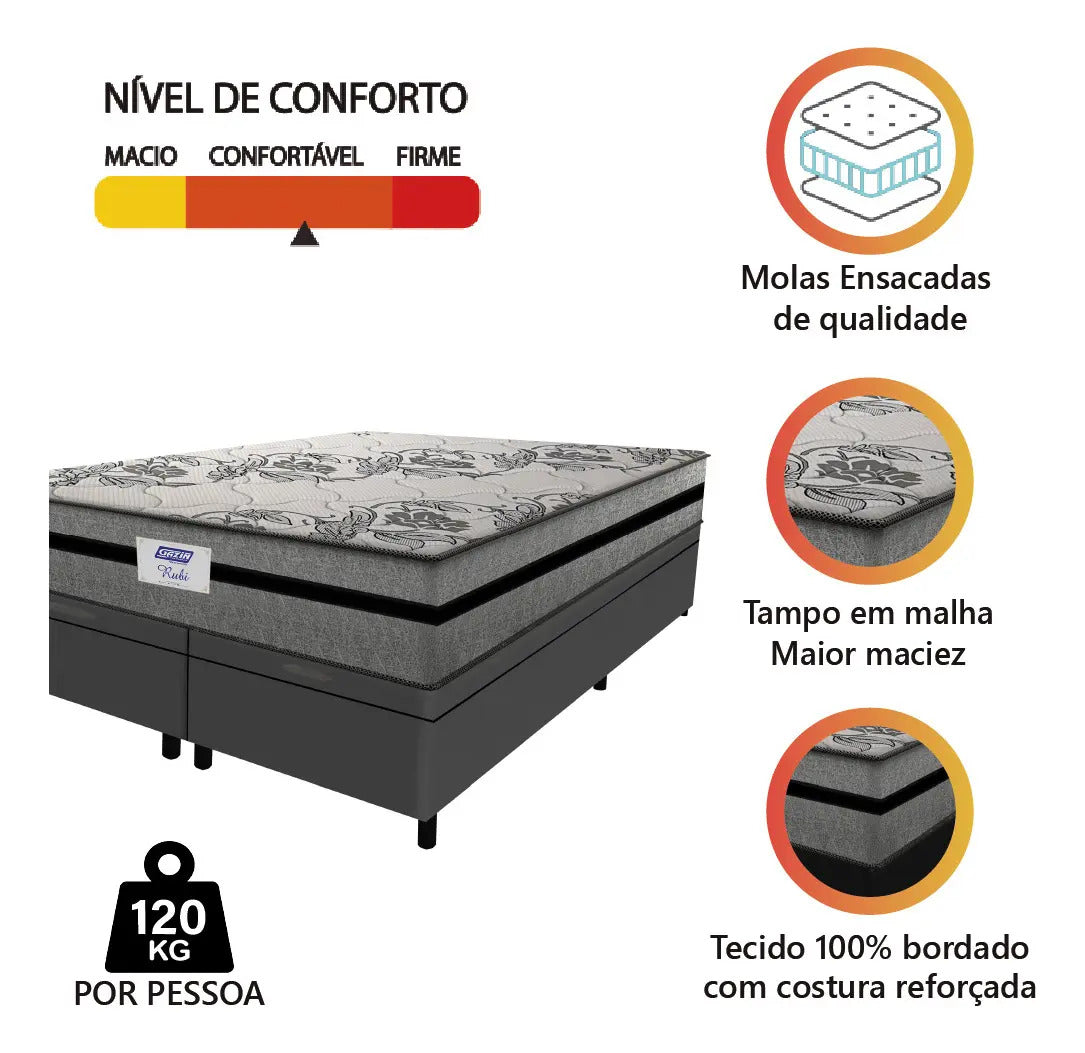 Cama Box Baú King Colchão Gazin com Molas Ensacadas Rubi Cinza/Preto