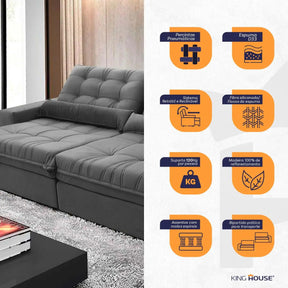 Sofá Retrátil Reclinável Zurique 2,50m Suede Velut Cinza Molas no Assento - King House