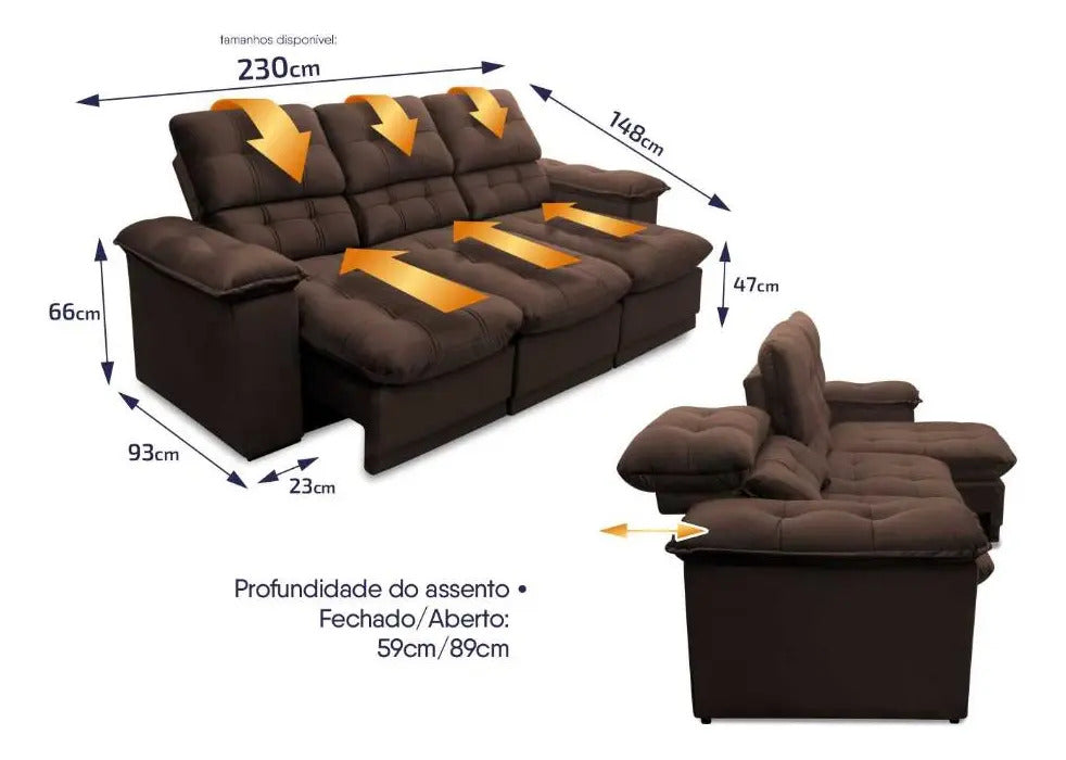 Sofá Retrátil Reclinável Atenas 2,30m Suede Velut Marrom