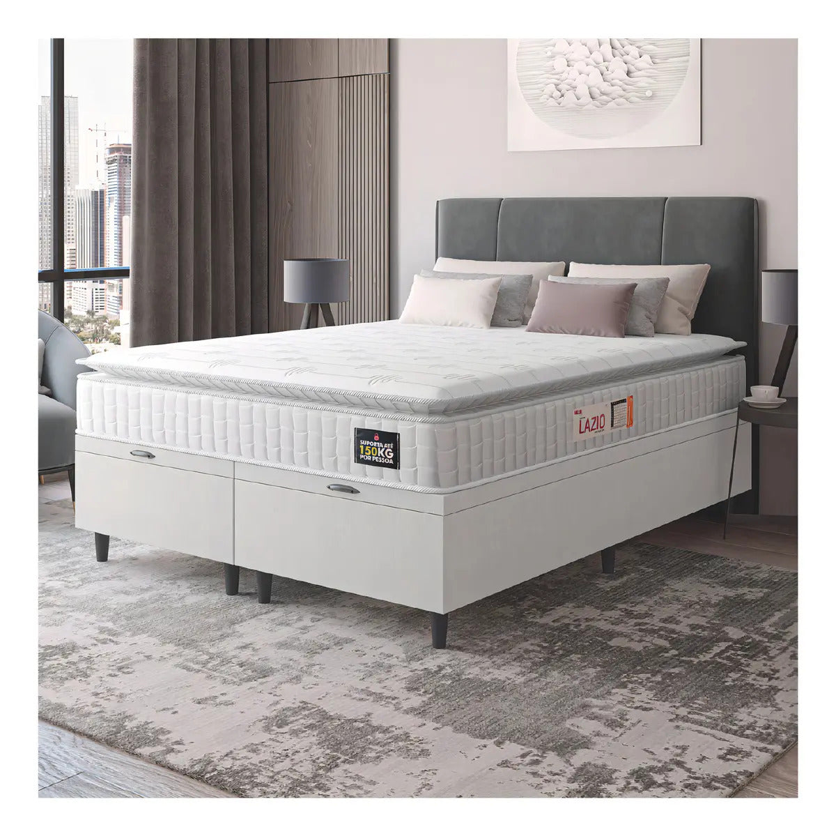 Cama Box Baú queen colchão espuma D45 Lazio pillow top 158x198x65cm cor branco Hellen