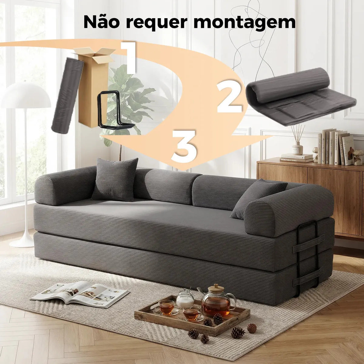 Sofá Cama Modular de Veludo Cotelê Cinza p/ 3 Pessoas, Com Espuma de Alta Densidade e Capa Removível