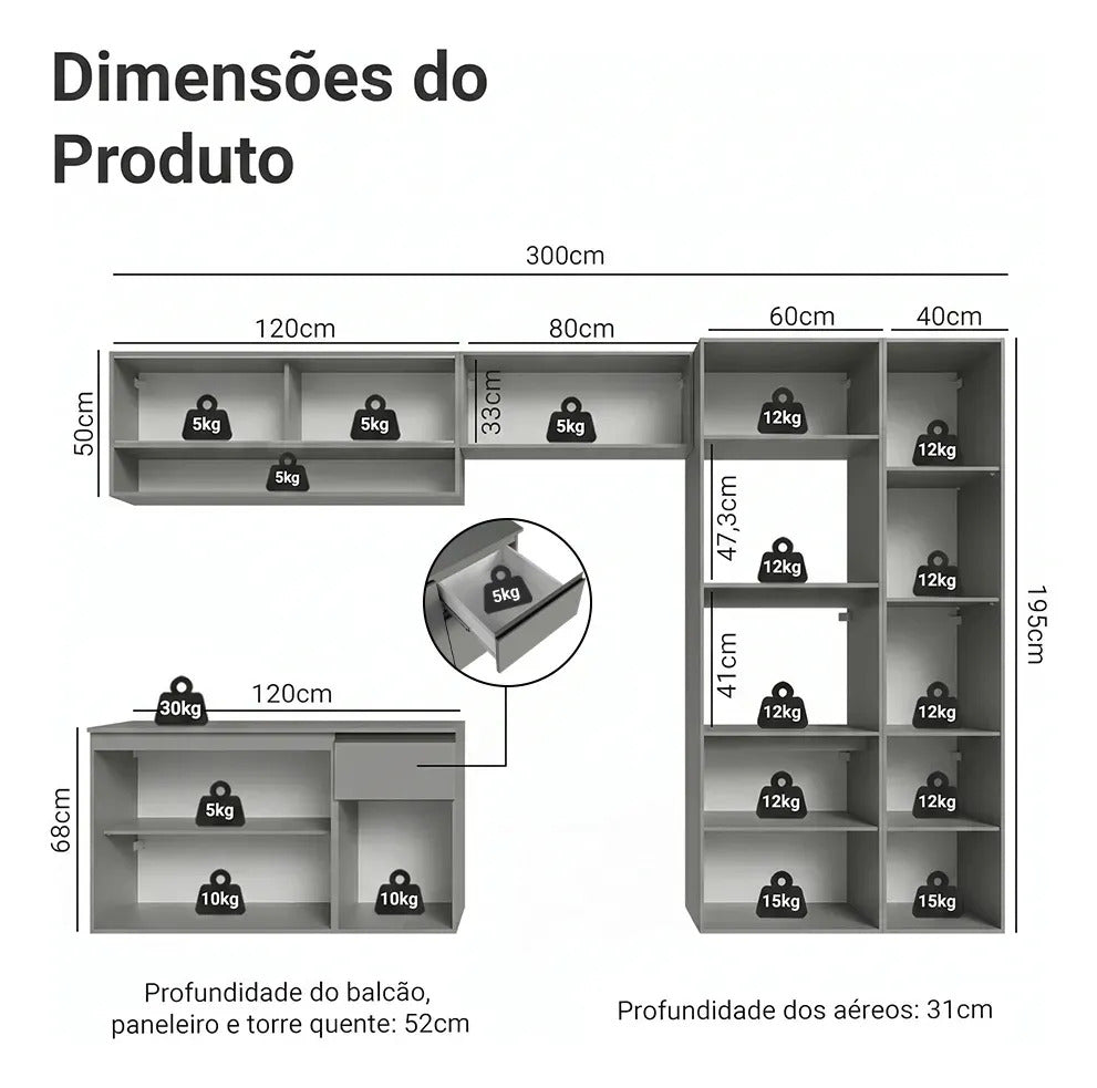 Armário Cozinha Completa Suspenso 300cm Cinza Nice Madesa 06