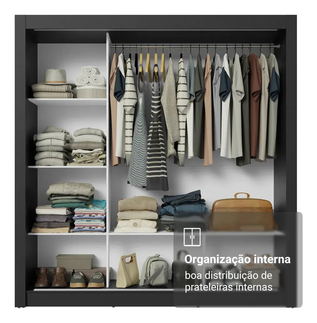 Guarda Roupa Casal Mônaco Madesa 3 Portas Correr Espelho Pr Cor Preto/Rustic 1093D81E