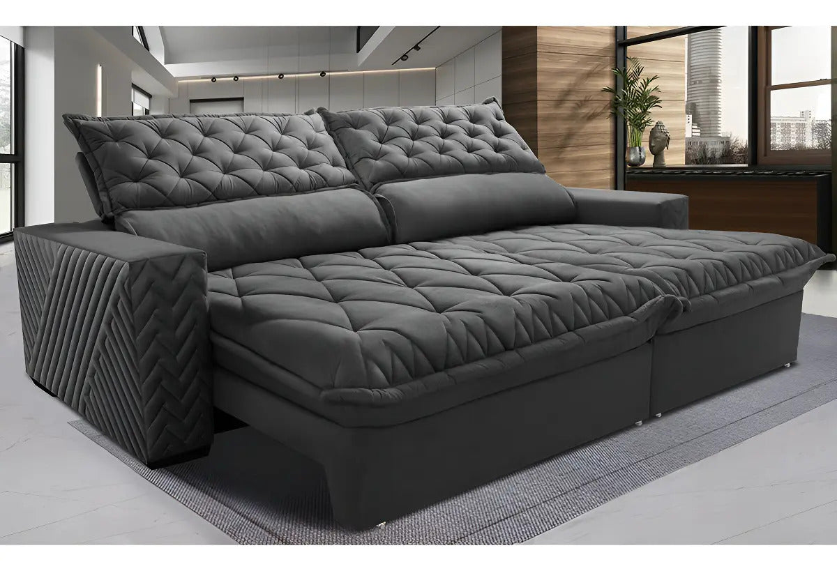 Sofá Retrátil e Reclinável 3,15m Molas Ensacadas Cama inBox Spazus com Bordado 3D Velusoft Cinza