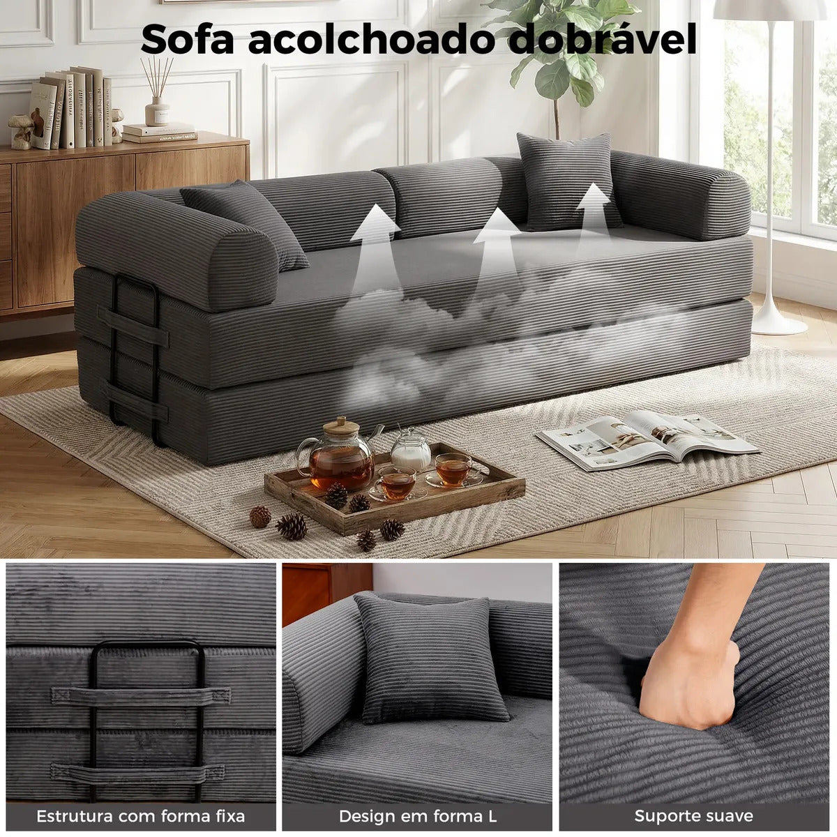 Sofá Cama Modular de Veludo Cotelê Cinza p/ 3 Pessoas, Com Espuma de Alta Densidade e Capa Removível