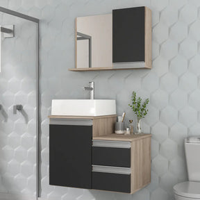 Conjunto Gabinete Banheiro Cross 60cm Na Cor: Madeirado / Preto