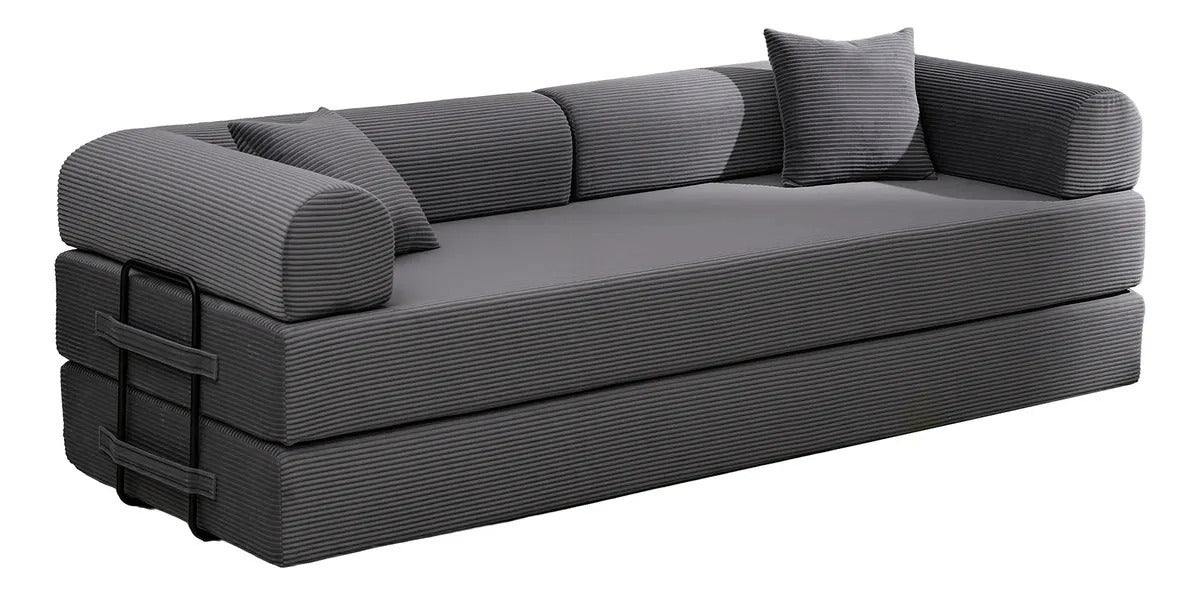 Sofá Cama Modular de Veludo Cotelê Cinza p/ 3 Pessoas, Com Espuma de Alta Densidade e Capa Removível