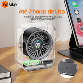 Mini Ventilador Portátil Basike de Mesa Recarregável Com Base e LED, Preto