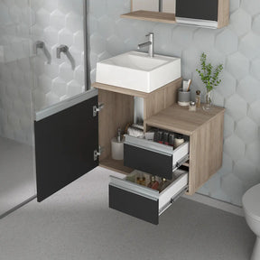 Conjunto Gabinete Banheiro Cross 60cm Na Cor: Madeirado / Preto