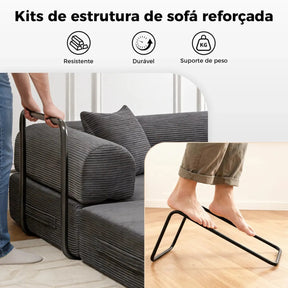 Sofá Cama Modular de Veludo Cotelê Cinza p/ 3 Pessoas, Com Espuma de Alta Densidade e Capa Removível