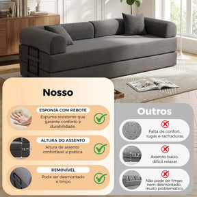Sofá Cama Modular de Veludo Cotelê Cinza p/ 3 Pessoas, Com Espuma de Alta Densidade e Capa Removível