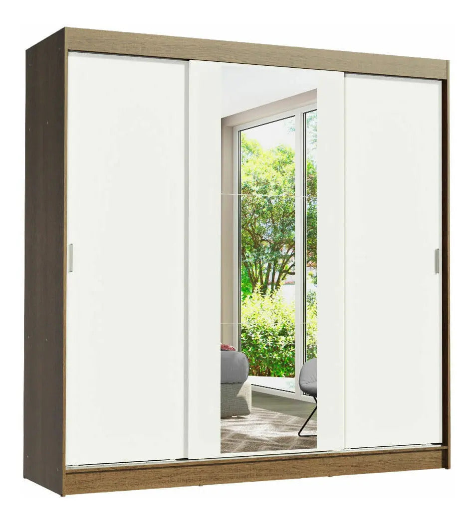 Guarda-roupa Casal Madesa Reno 3 Portas Correr Com Espelho Cor Rustic/Branco 10956E1E