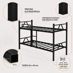 Cama Beliche Solteiro Klm Aço Reforçado Tubular Cor Preto Beliche Rubi