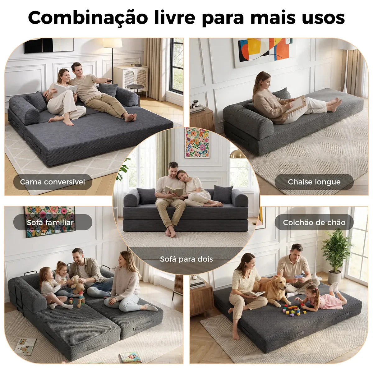 Sofá Cama Modular de Veludo Cotelê Cinza p/ 3 Pessoas, Com Espuma de Alta Densidade e Capa Removível