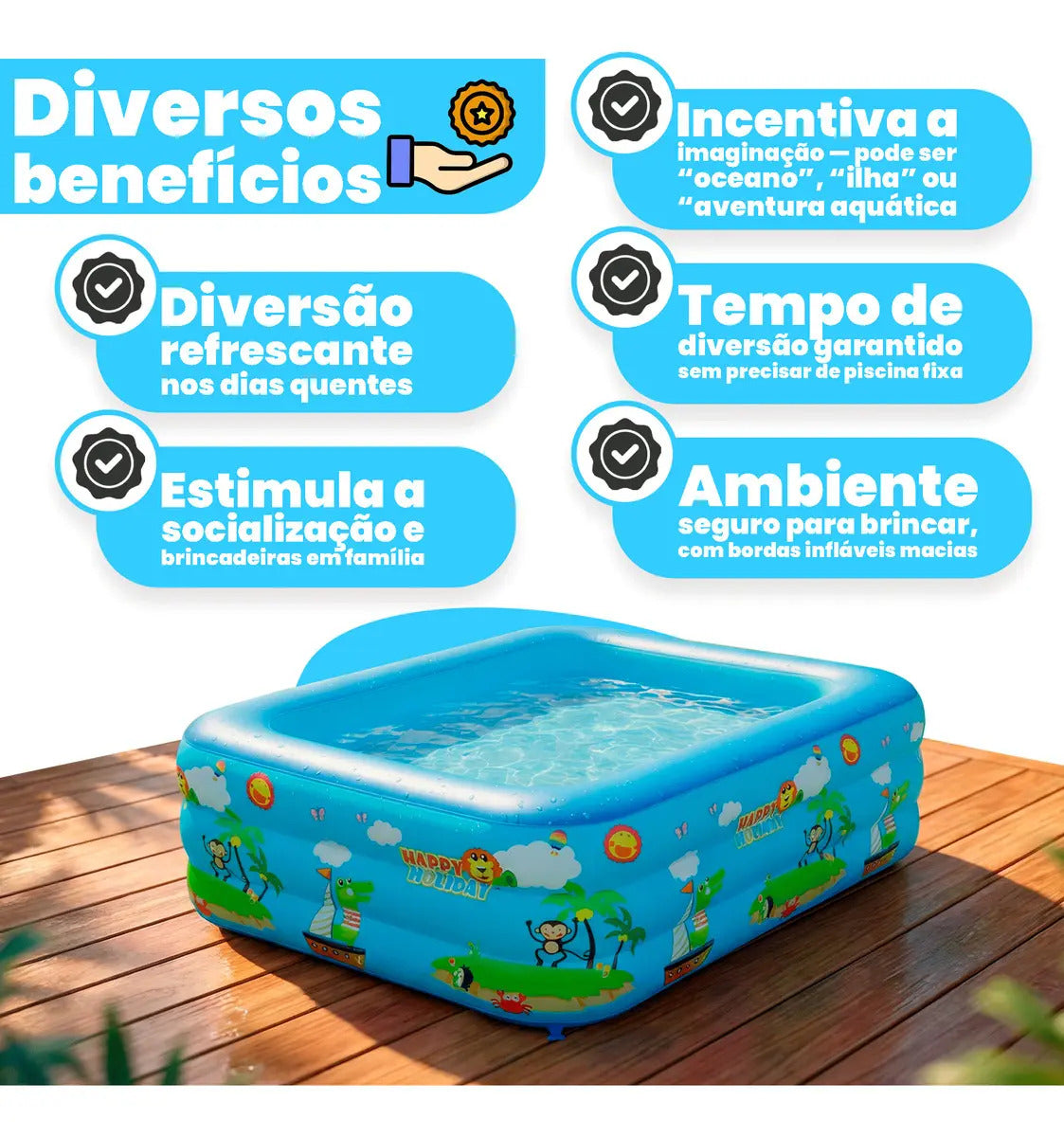 Piscina Infantil Inflável 460l Grande Retangular Pvc Reforçada 3 Anéis Criança Diversão No Verão Azul
