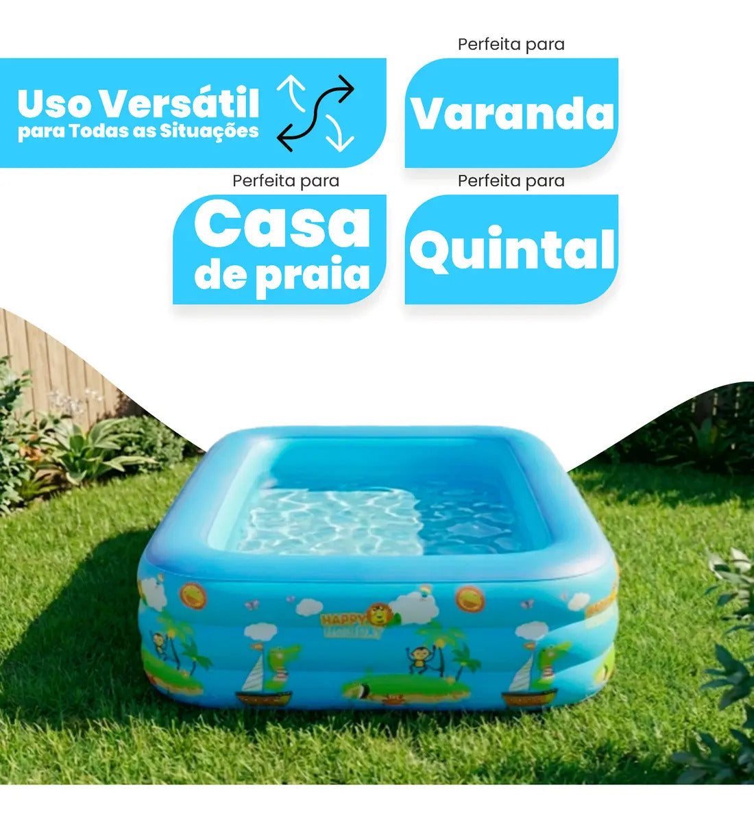 Piscina Infantil Inflável 460l Grande Retangular Pvc Reforçada 3 Anéis Criança Diversão No Verão Azul