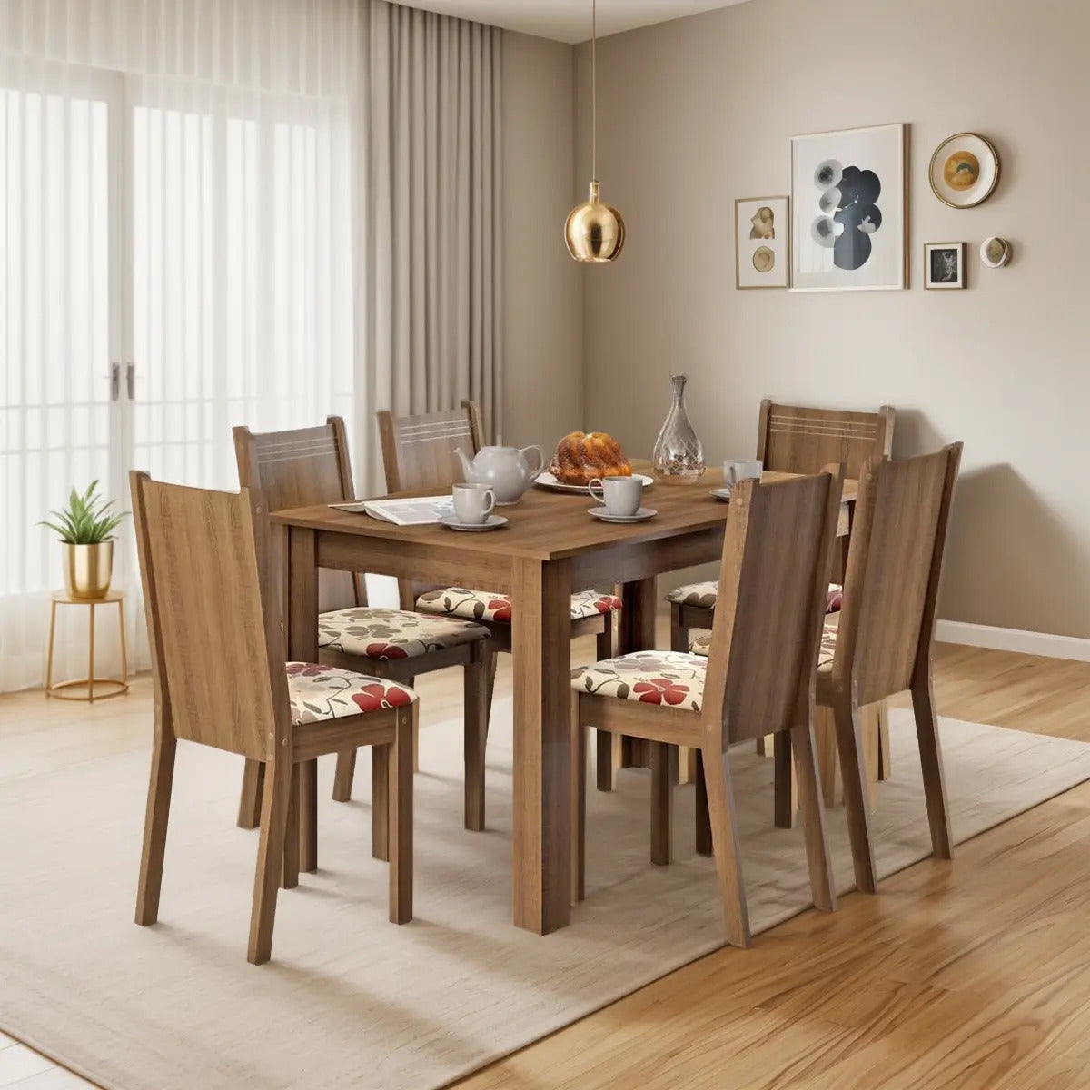 Sala De Jantar Madesa Maris Mesa Tampo De Madeira 6 Cadeiras Cor Rustic/Floral Hibiscos 044825ZXTFLH