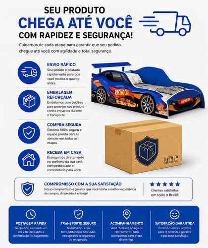 Cama Carro Racing Menino Azul Corrida 100% Mdf Com Colchão